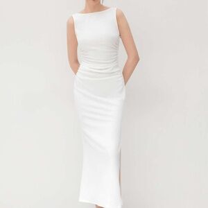 Cider BOAT NECK SOLID RUCHED SPLIT MAXI DRESS NWT Size L